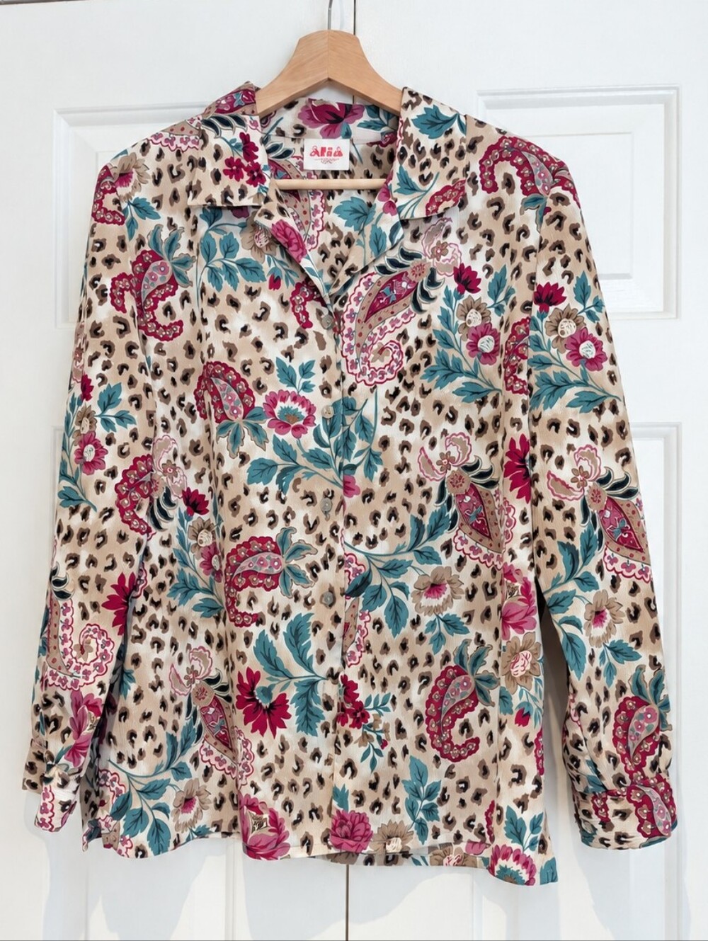 Vintage 90s Boho Whimsigoth Blouse Leopard Paisley Shirt Dopamine Maximalist L